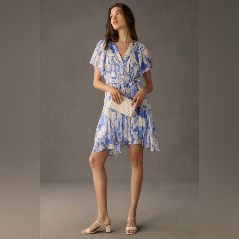 By Anthropologie V-Neck Ruffle-Sleeve Pleated Dress